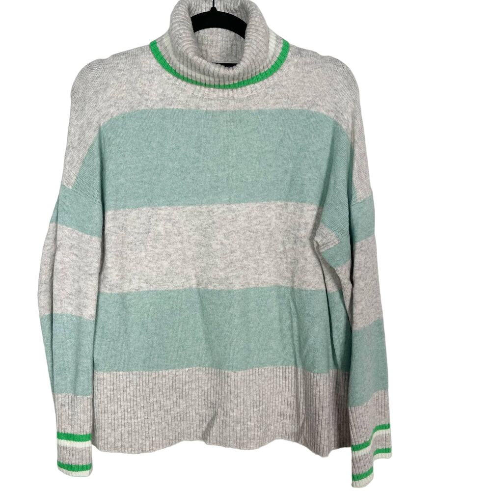 New J Crew S Green Gray Striped Turtleneck Sweater Supersoft Yarn Merino Alpaca